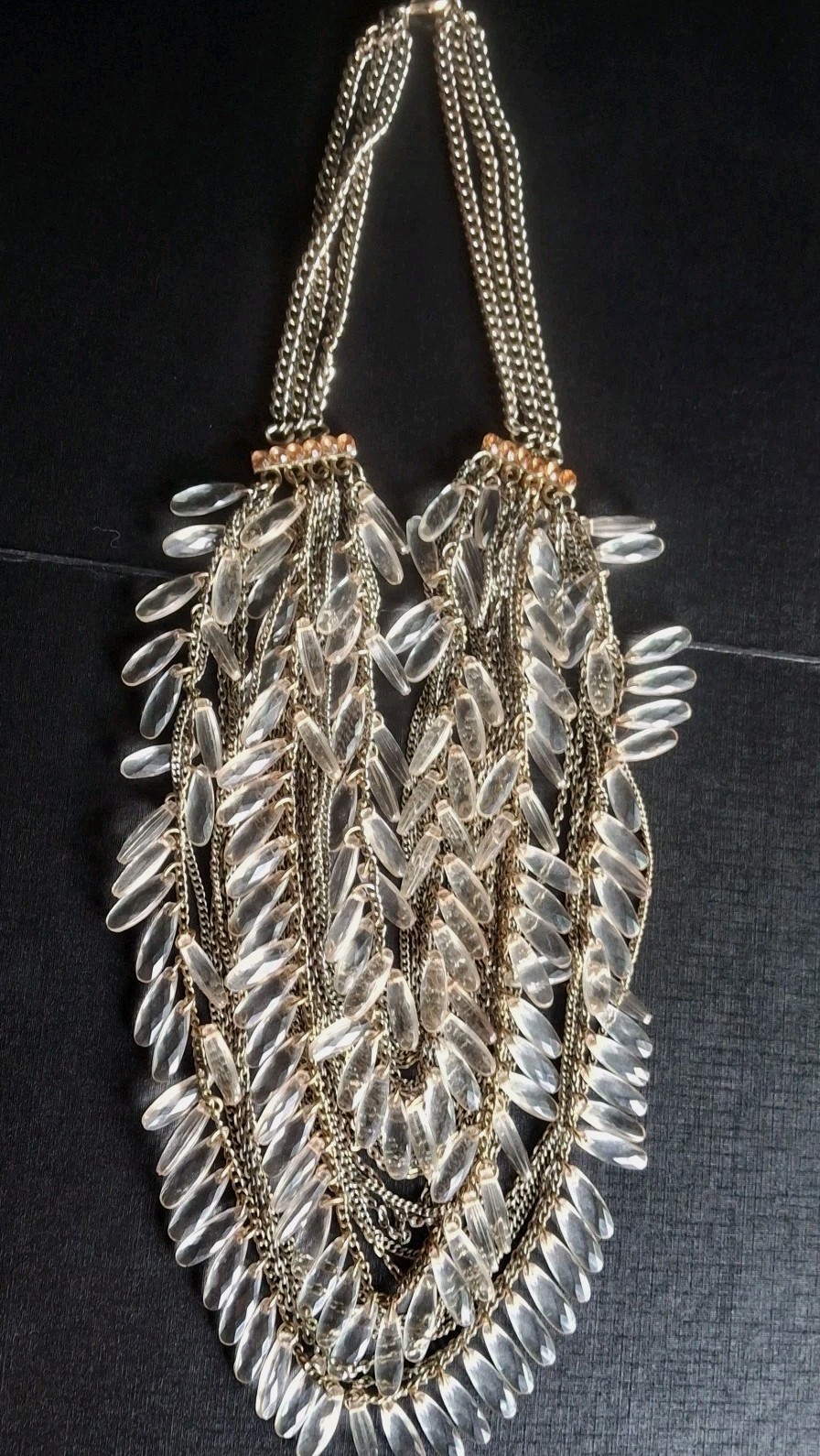 VTG Statement Bib Necklace Multi-Strand Fringe Featuring Clear Lucite Teardrops