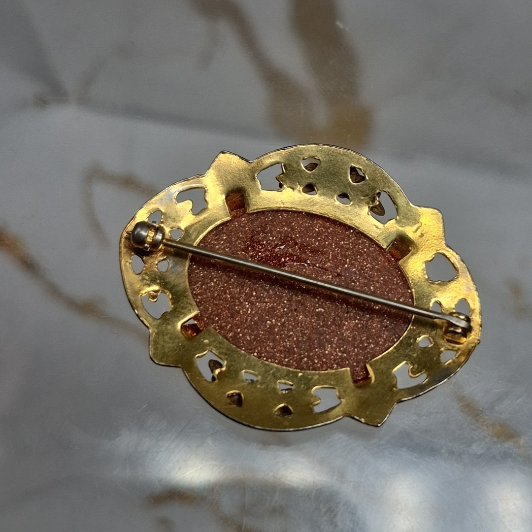 Vintage Unmarked Tri Gold Filled GF Orange Goldstone Flower Brooch Pin