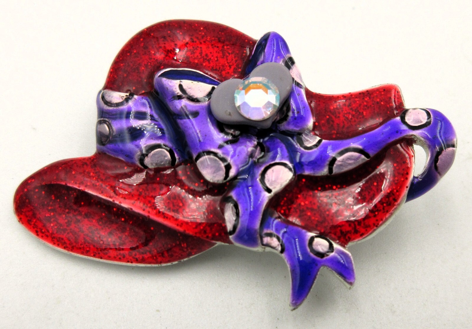 Vtg AJMC RED GLITTER HAT PURPLE POLKA DOT HEART Brooch Pin RHINESTNE Silver tone