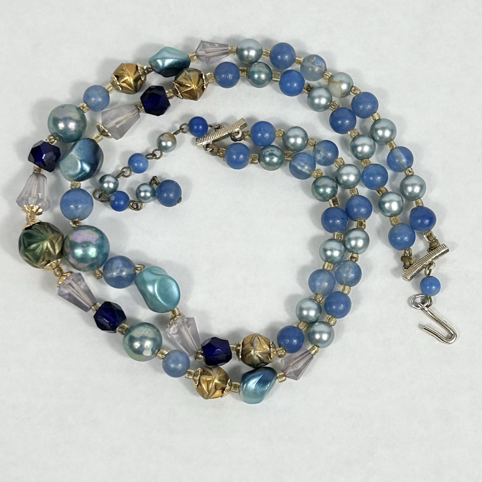 Vintage JAPAN Double Strand Blue Bead Necklace 17.5” Faux Pearl Acrylic Glass