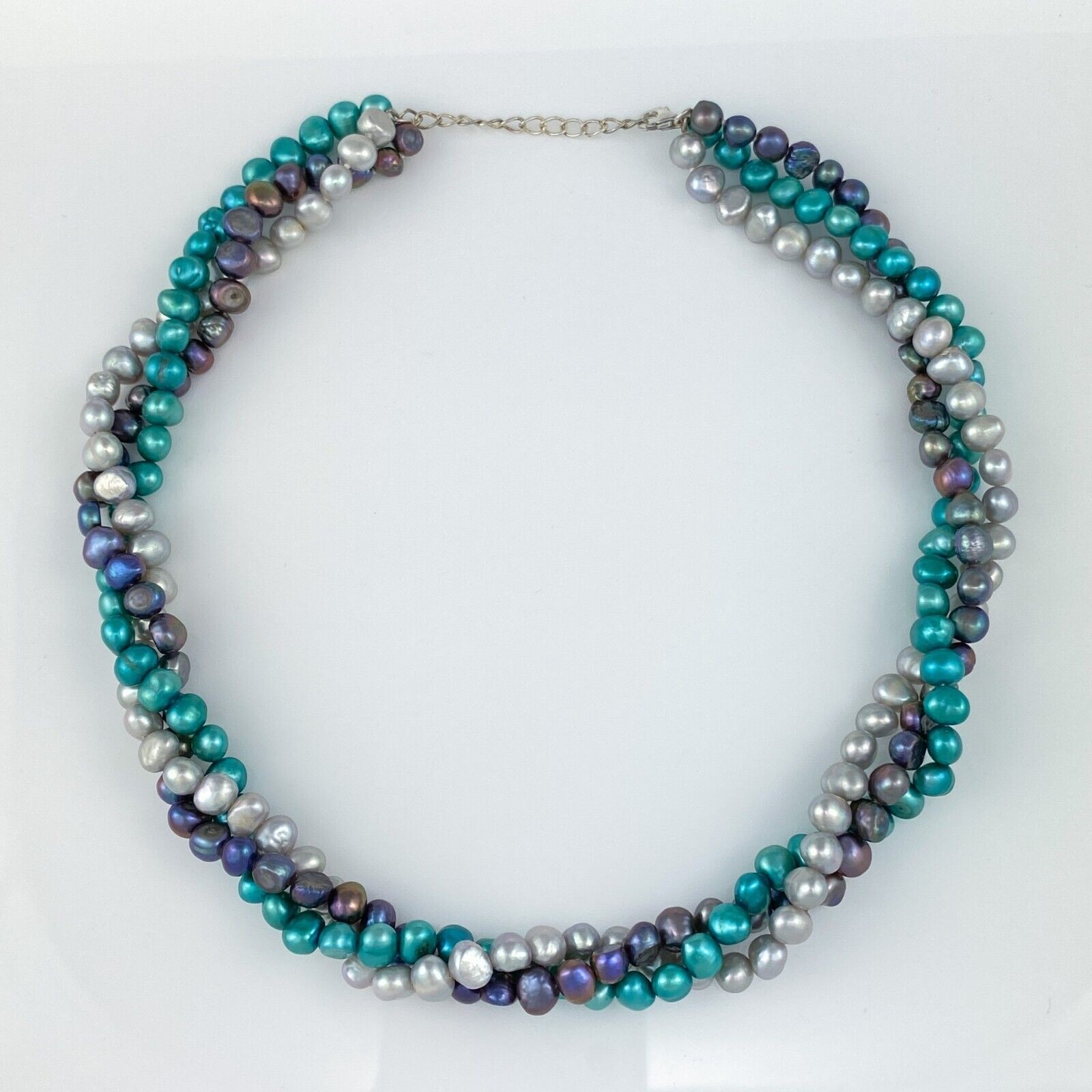 Vintage Sterling Silver 925 Purple Gray Blue Pearl Necklace 17″-18.5″