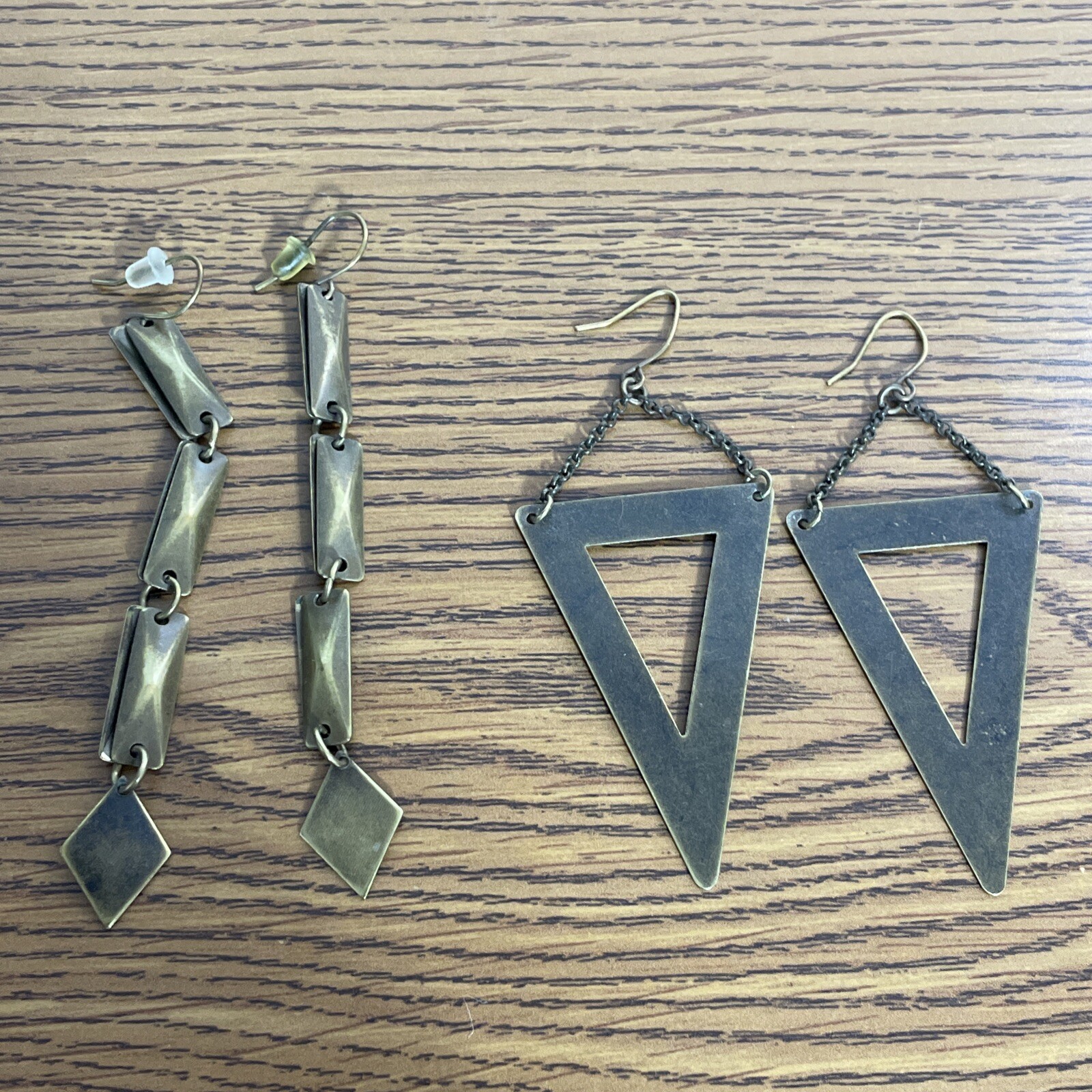 2 Pairs Brass Earrings Vintage Dangle Hook Triangle And Chain