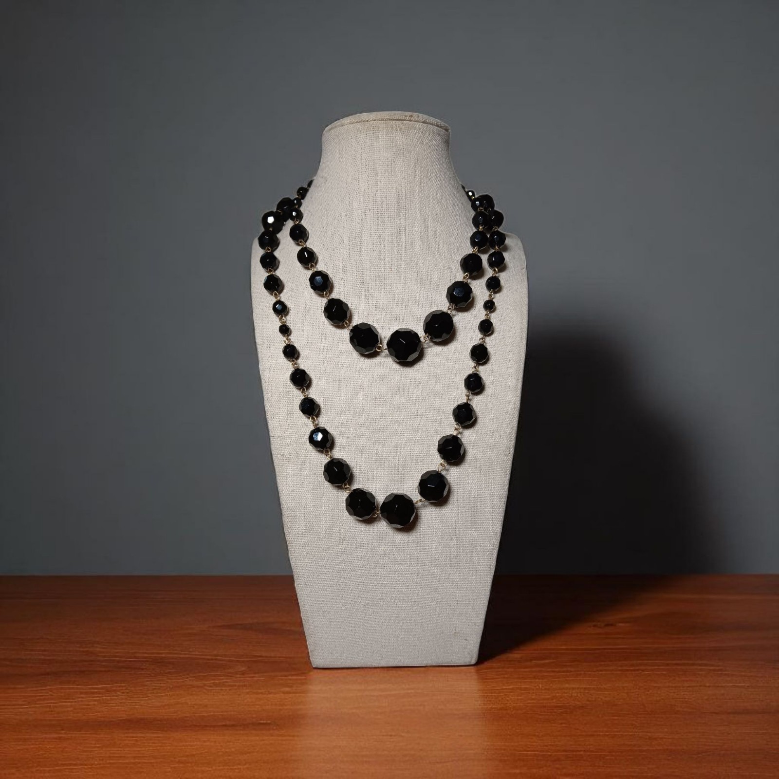 Necklace Long Heavy Faceted Jet Black Graduated Bead Rosary Style Chain Link 36″