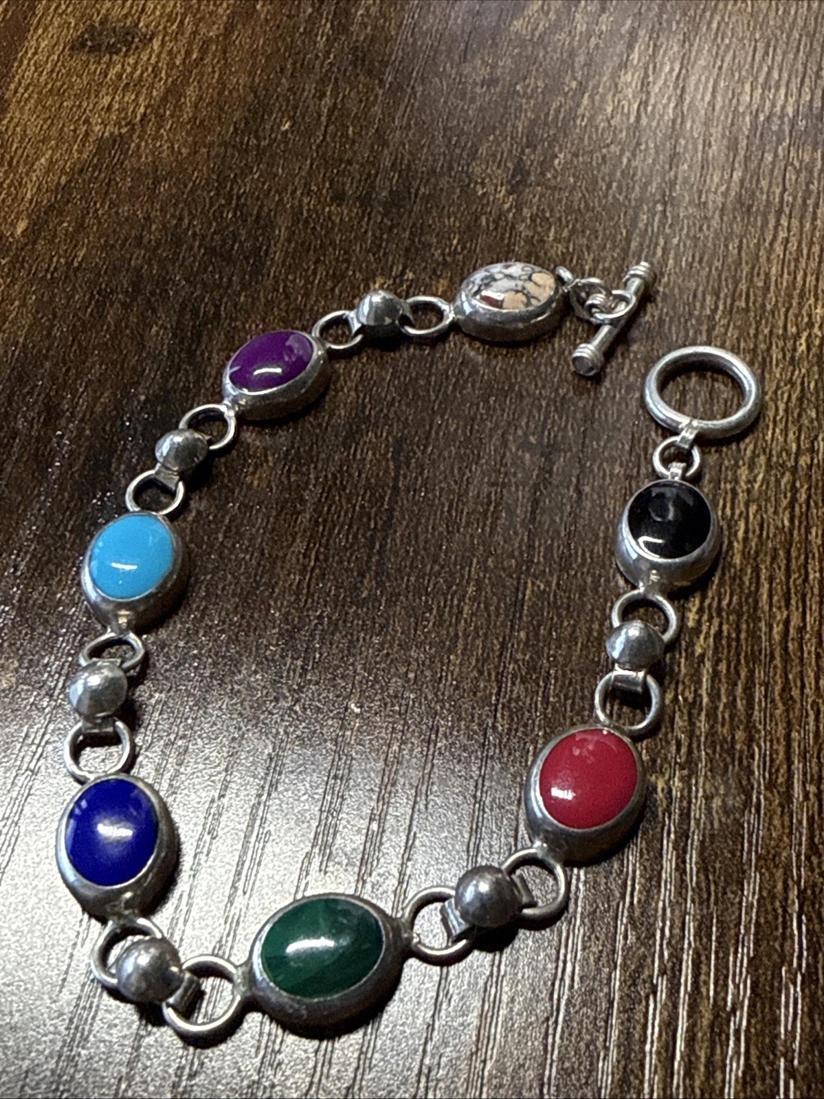 ATI Mexico Bracelet Link Multicolor Multi-Stone Handmade 8.5”Sterling Silver 925