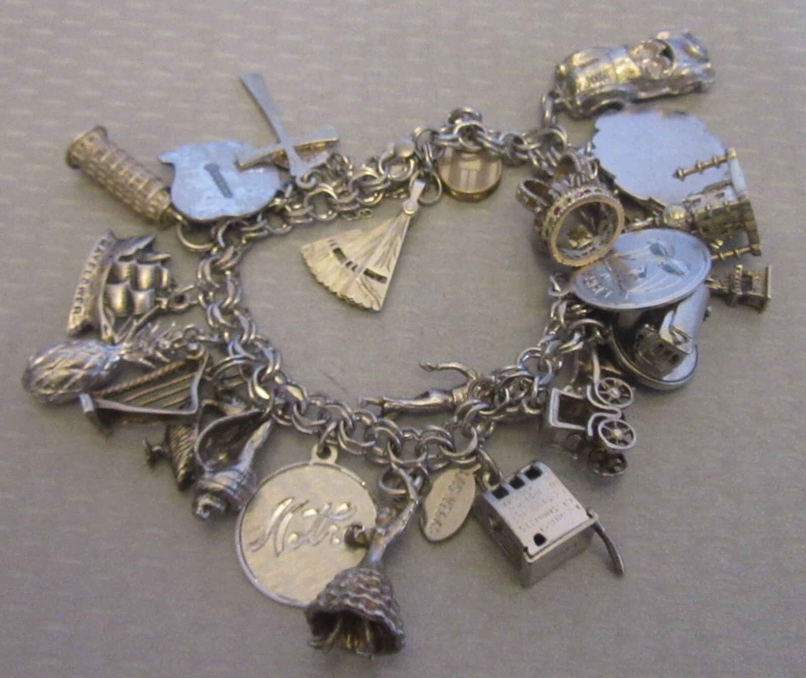 Vintage Sterling Silver Charm Bracelet Loaded 24P Buildings Travel 3D Full 92g