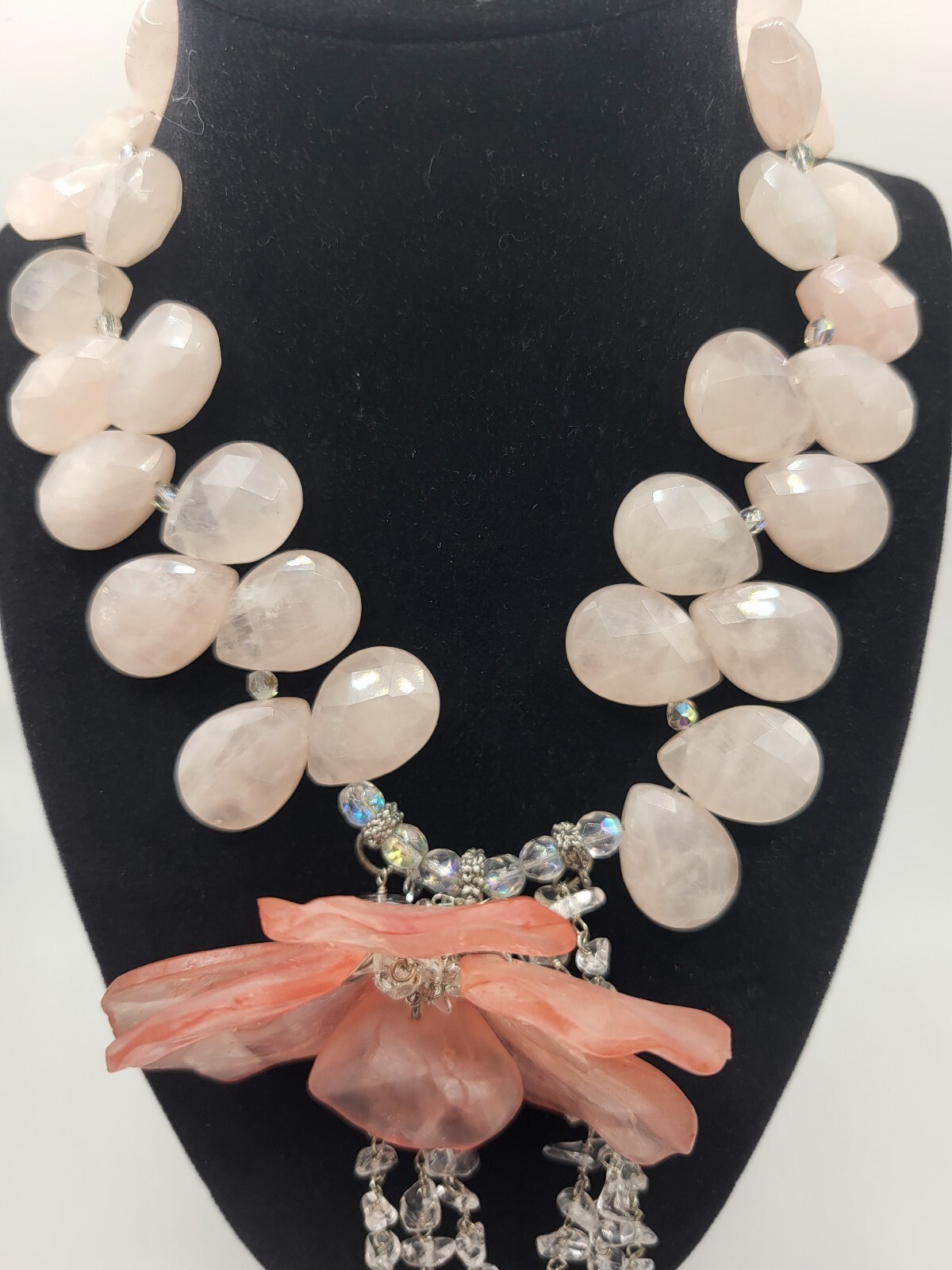 STUNNING Vintage MAYA Faceted Rose Quartz Rock Crystal Large Flower Necklace