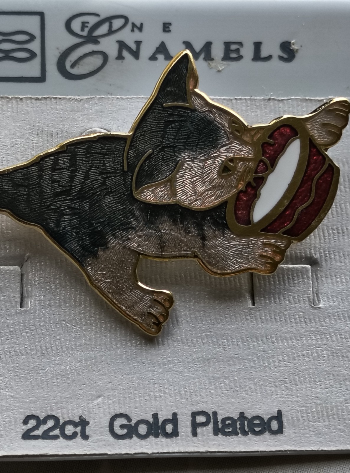 Vintage Kitten Enamel & 22K Gold Plate Cat Brooch Drinking Milk Gray Black