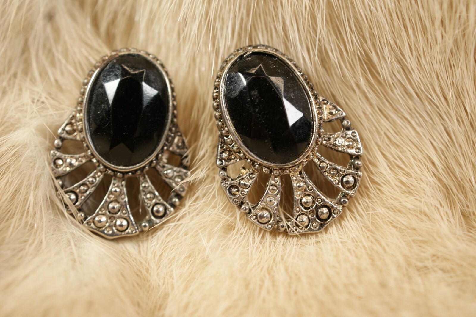 E#19, Vintage Pierced Earrings, Marcasite, Faceted Onyx, 1 X 3/4 inches