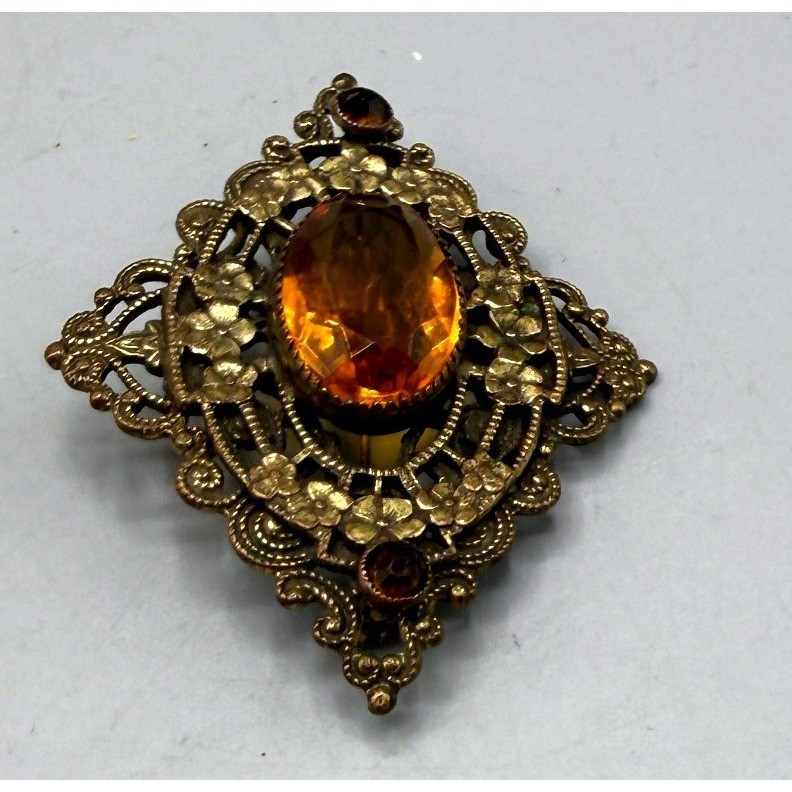 Vintage Brass Filigree Amber Glass Floral Brooch Victorian Revival Pin