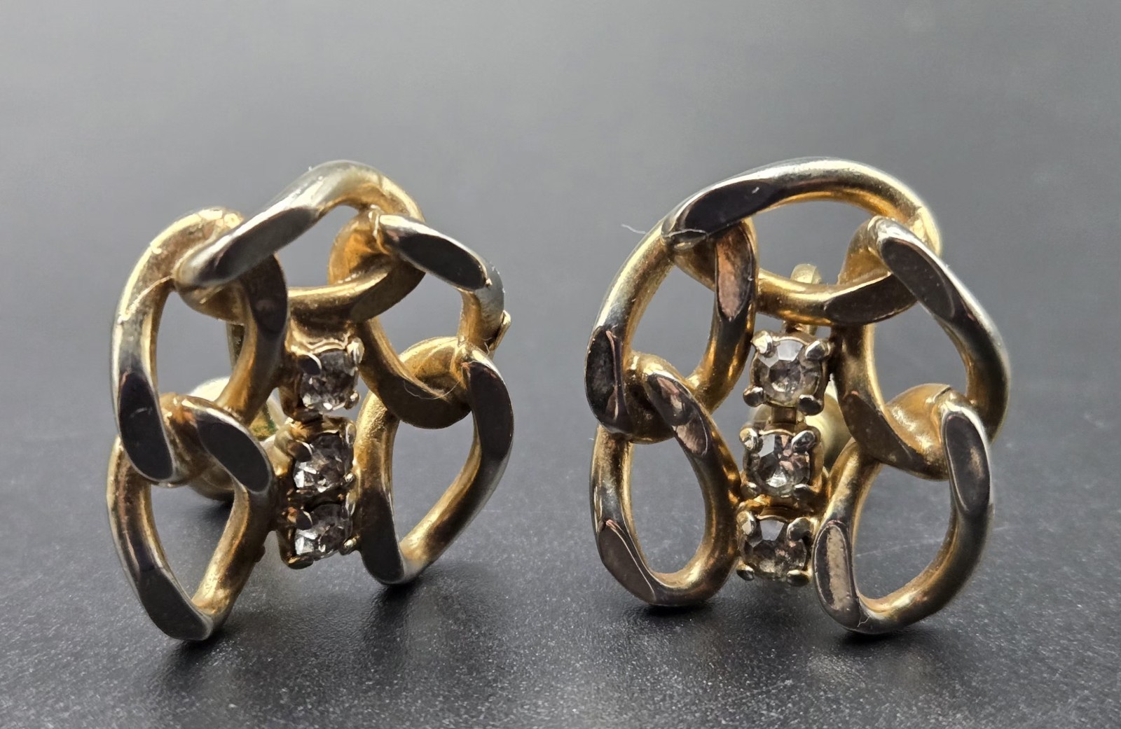 Vintage Clear Rhinestone Interlocking Knot Screw Back Earrings Gold Tone Estate
