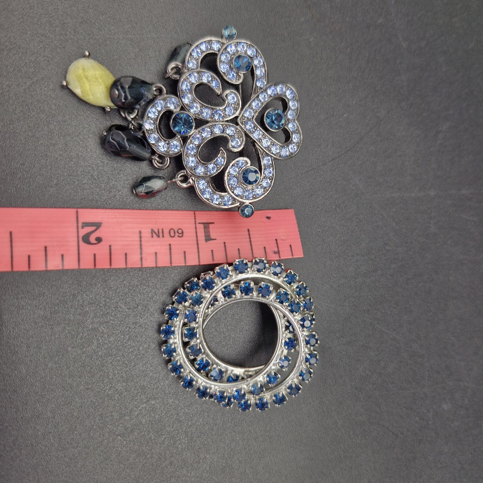 2 Vintage Silver Tone Sapphire Glass Rhinestone Brooches Deco Inspired 1.5-2″