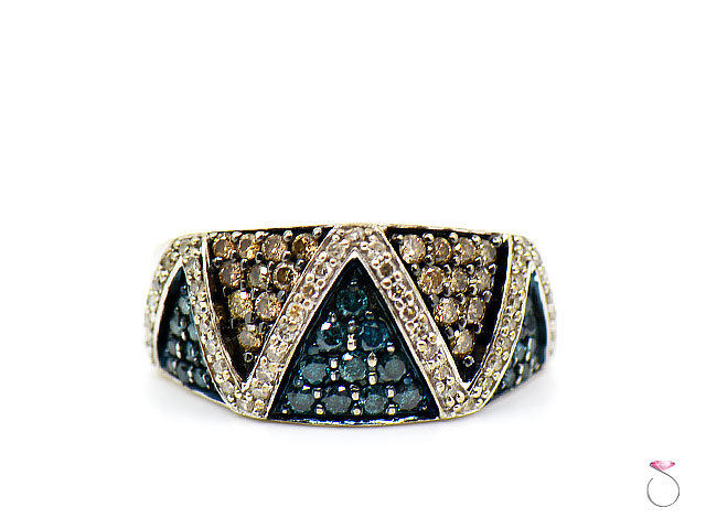 Beautiful Blue, Champagne & White 2.50 ct diamond Ring, 14k White Gold Band SZ 9