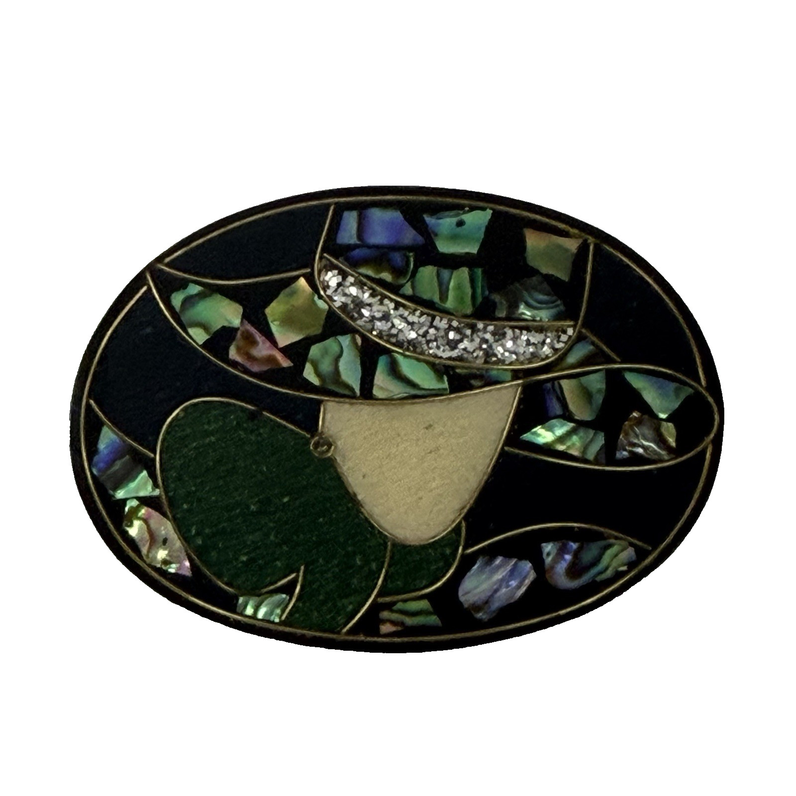 Vintage Paua Shell Brooch Earring Set Abalone Inlay Black Resin Art Deco Gatsby