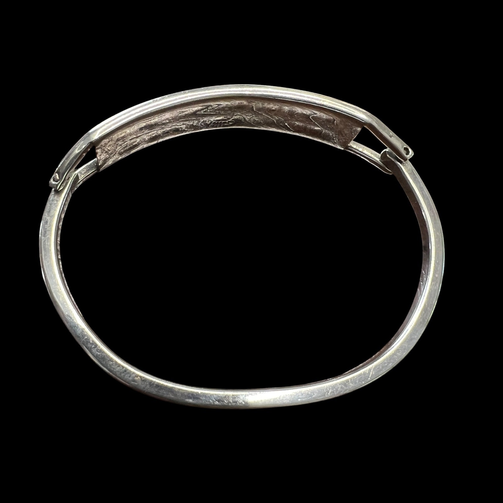 Vintage Alpaca Mexico Abalone Onyx Inlay Bangle Bracelet Silver Tone 7.25 in