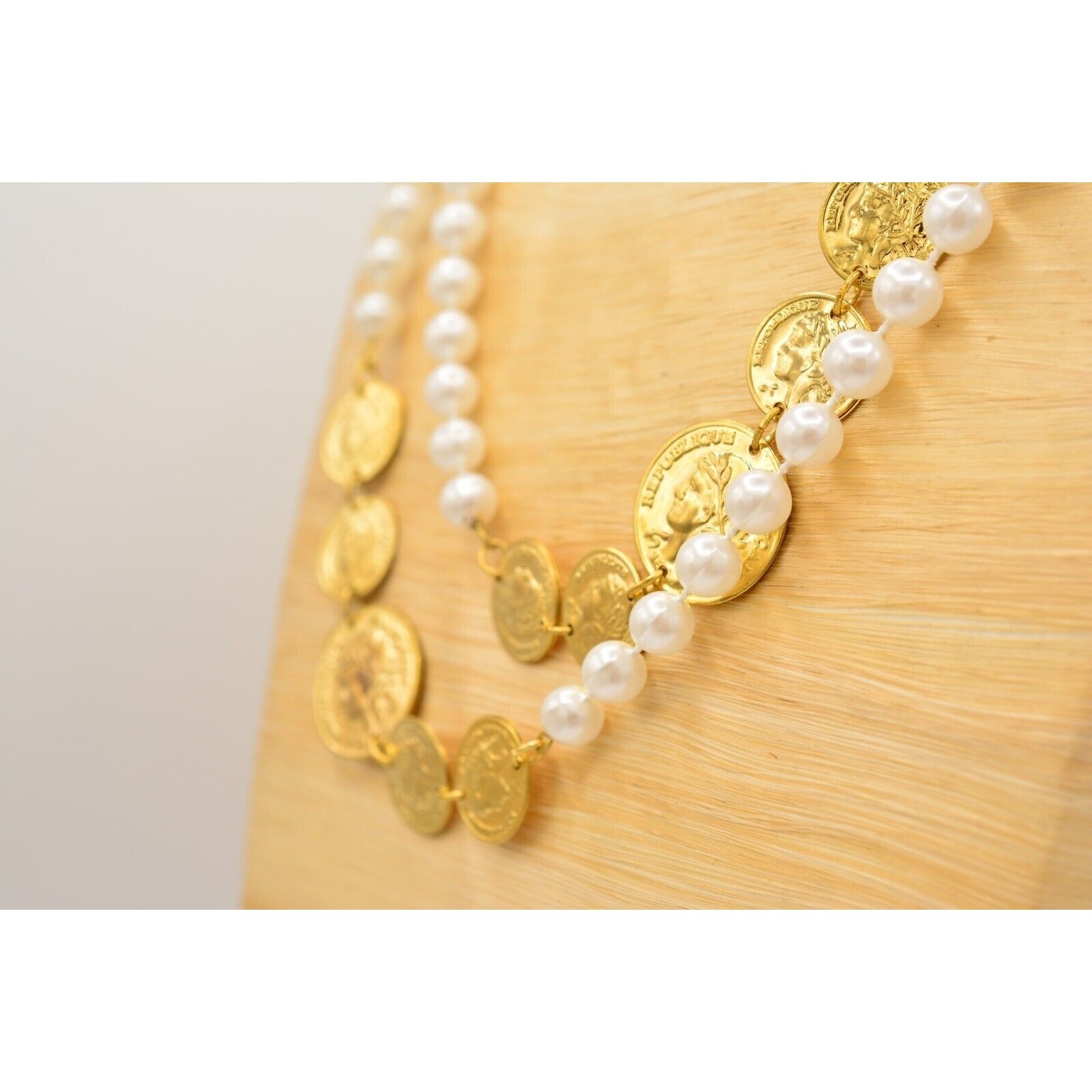 Vintage Pearl Coin Station Necklace Gold Linked White Beaded NOS 1990s BinA12