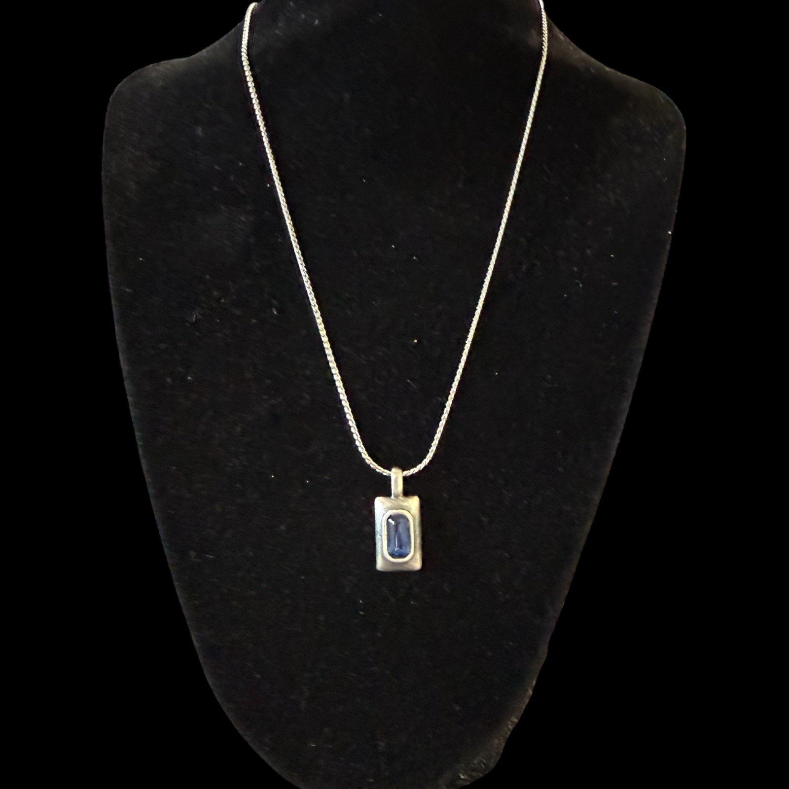 Vintage Silver Necklace Royal Blue Baguette Crystal Pendant, Silver toned Chain