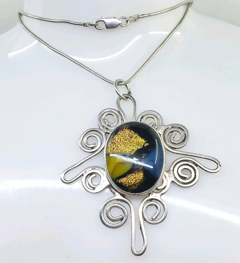 Fine Vintage Sterling Silver Foil Art Glass Abstract Modernist Necklace Murano?