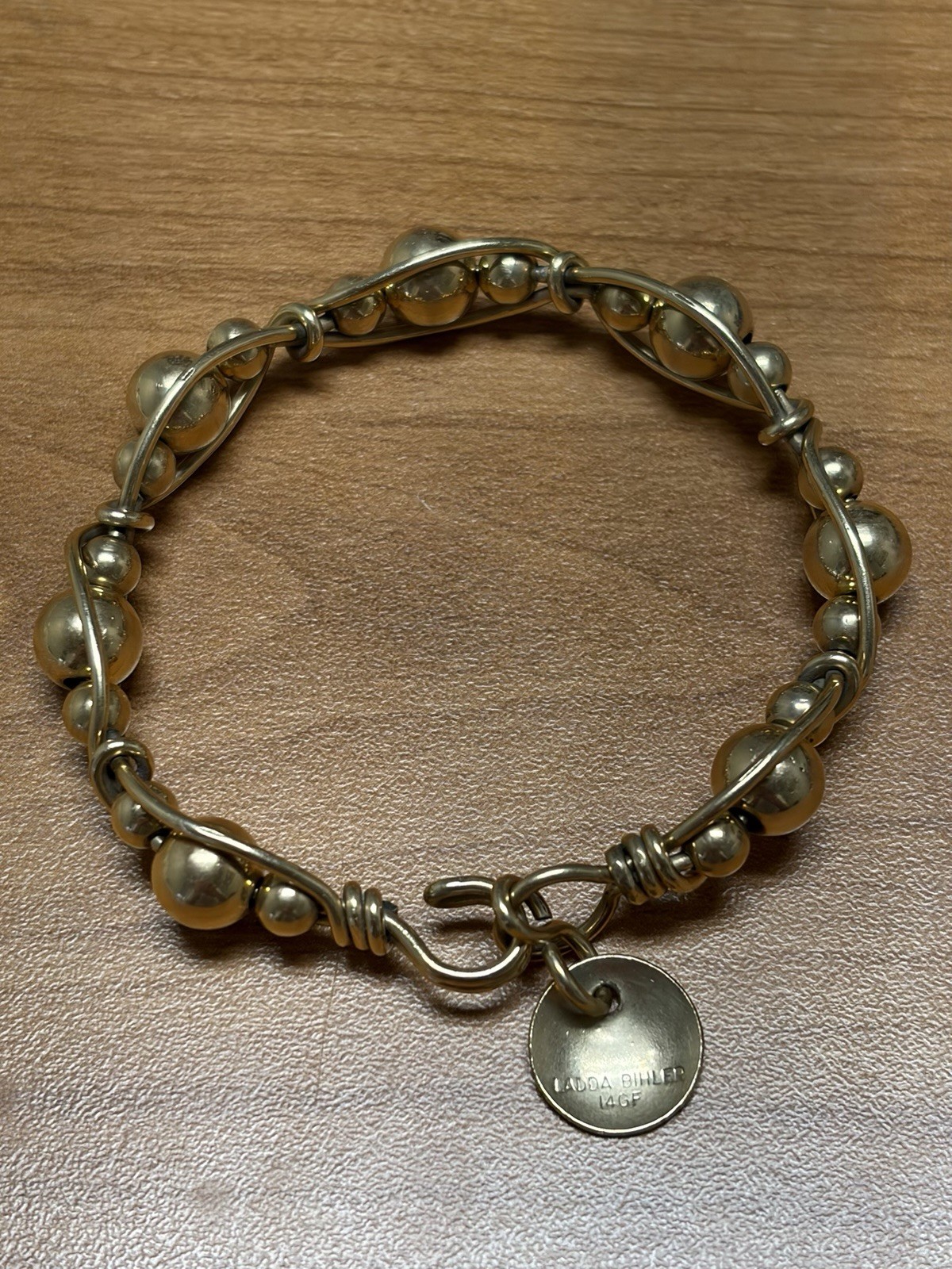 Ladda Bihler 14k Gold Filled Beaded Wire Bracelet, Signed! Hook Clasp!