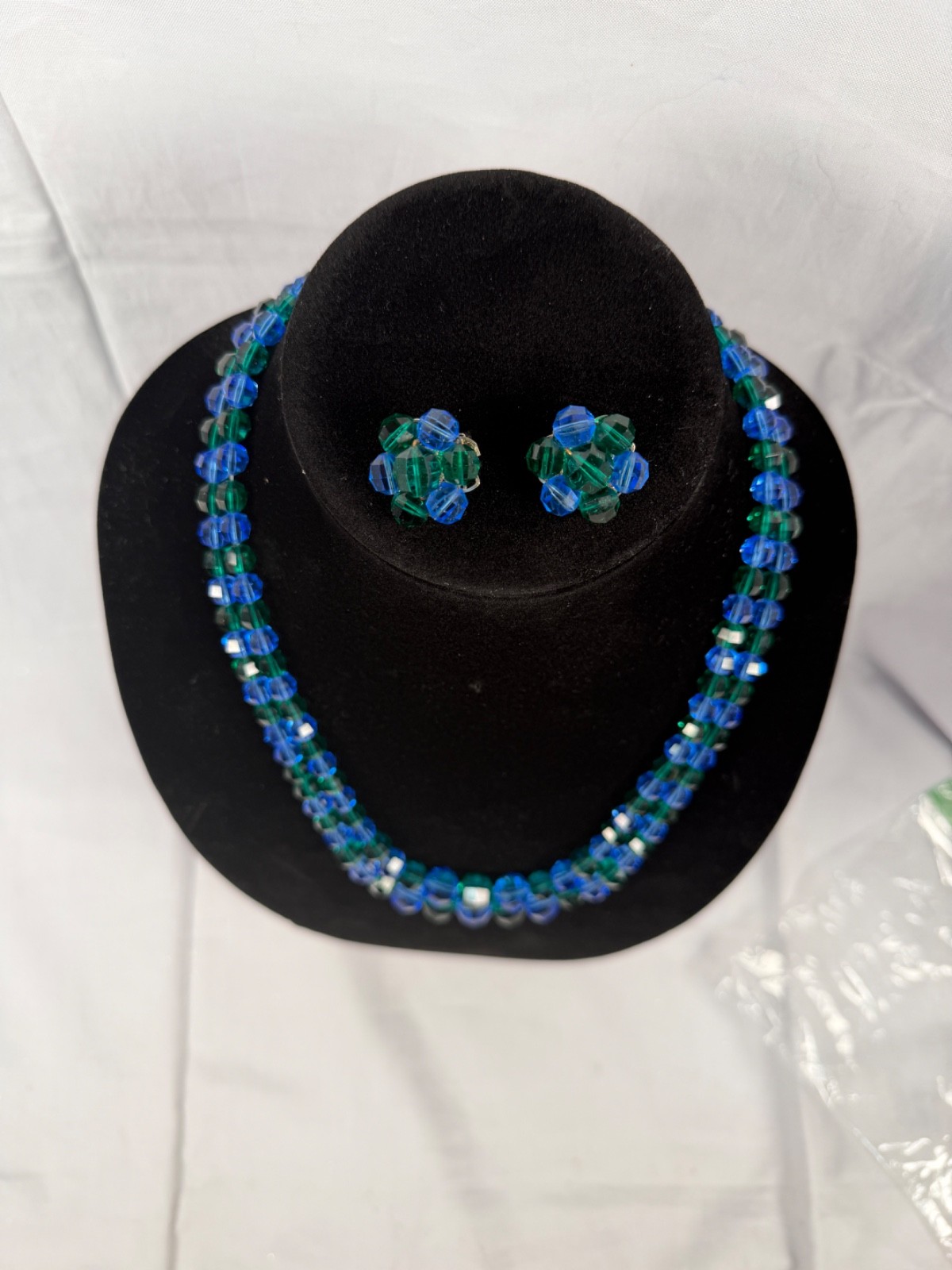 Vintage Blue & Green Faceted Glass Beaded Necklace Clip Earrings Set