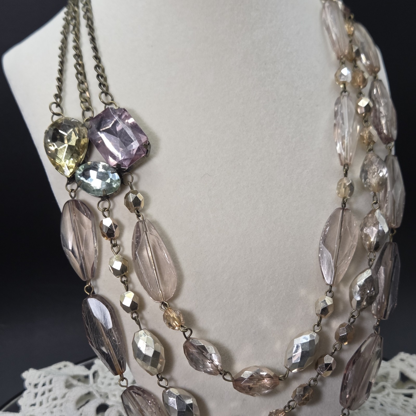 Fabulous Vintage Faceted Lucite Multistrand Statement Necklace Pastel Large Gems