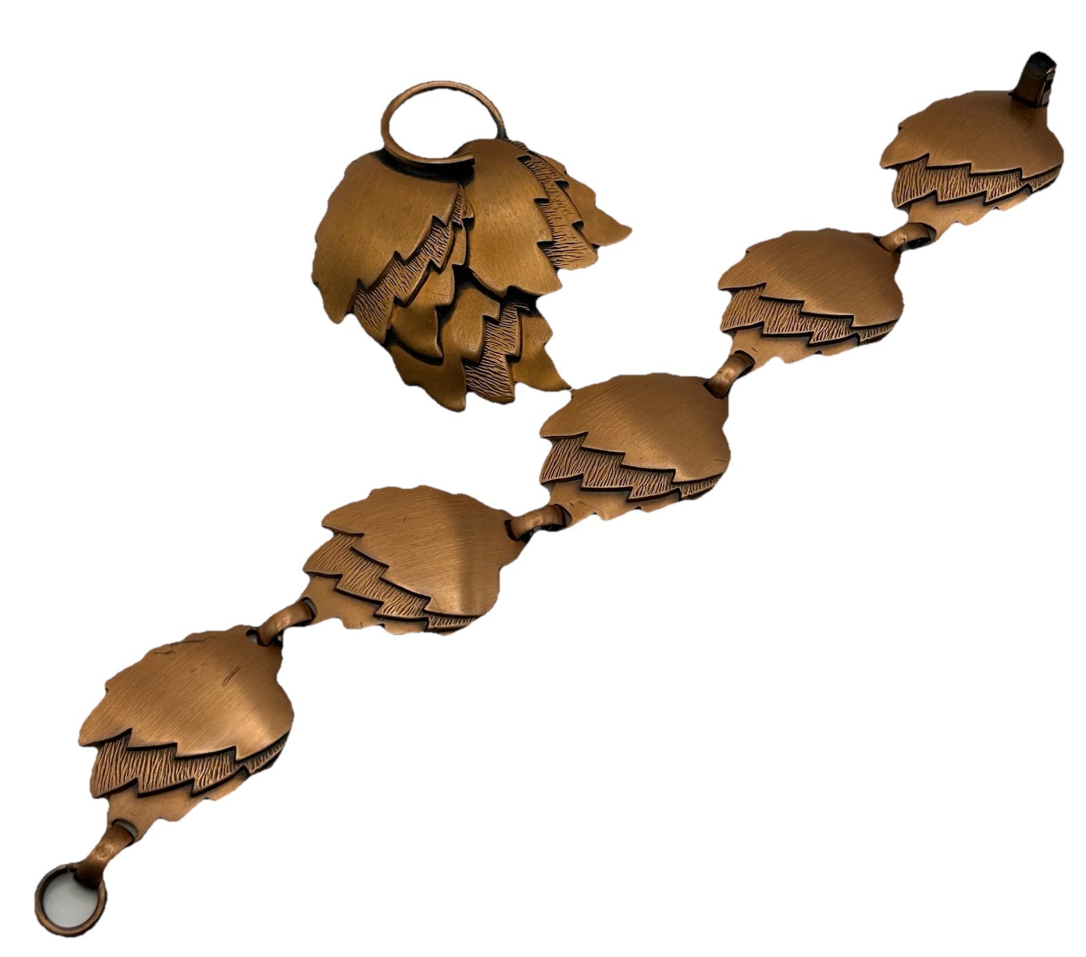 Vintage Copper Leaf Bracelet Brooch Set Modernist Mid Century 8” Nature Design