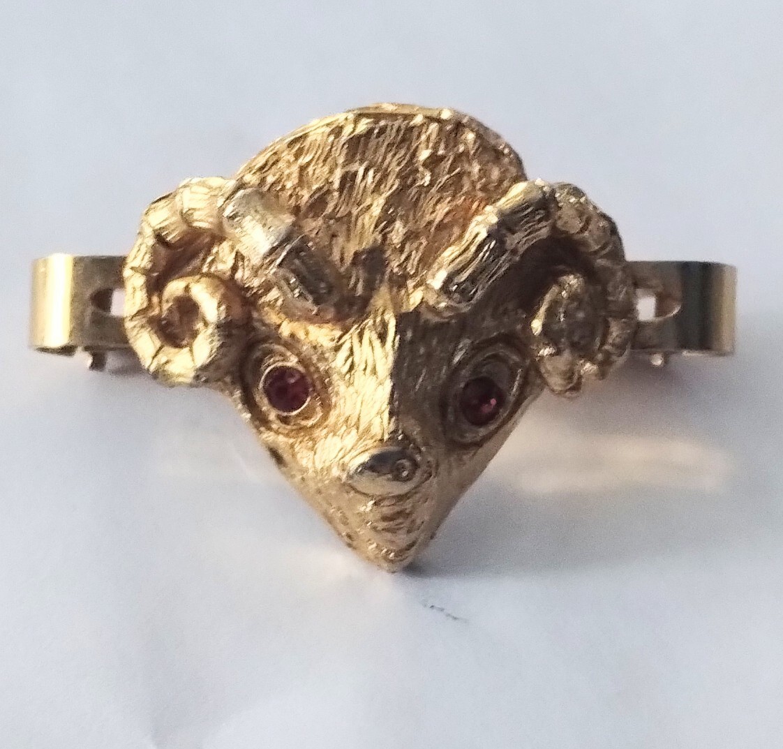 Vtg Rams Head Sheep Gold Tone Expanding Scarf Clip Rhinestone Eyes