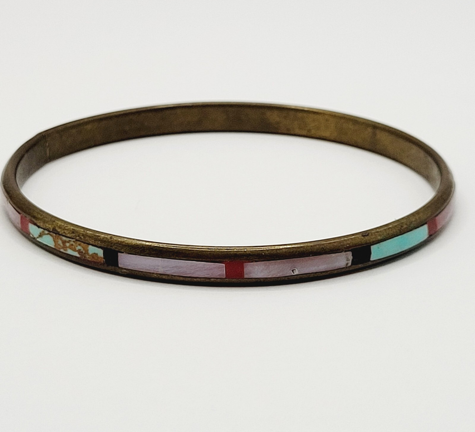 Handmade Southwestern Colorful Multi Stone Thin Inlay Vintage Bangle Bracelet