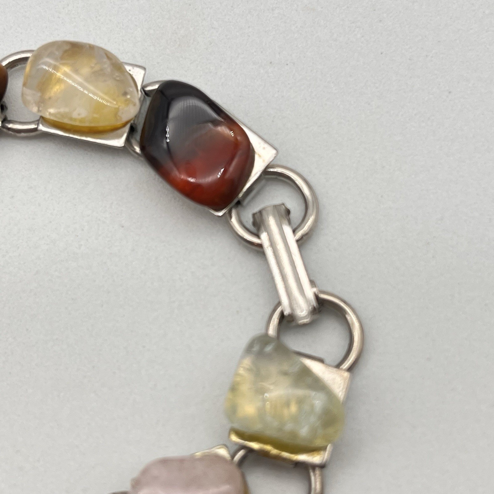 Vintage Multicolor Agate Bracelet Polished Stone Silver Tone Fits 6.75″ Wrist