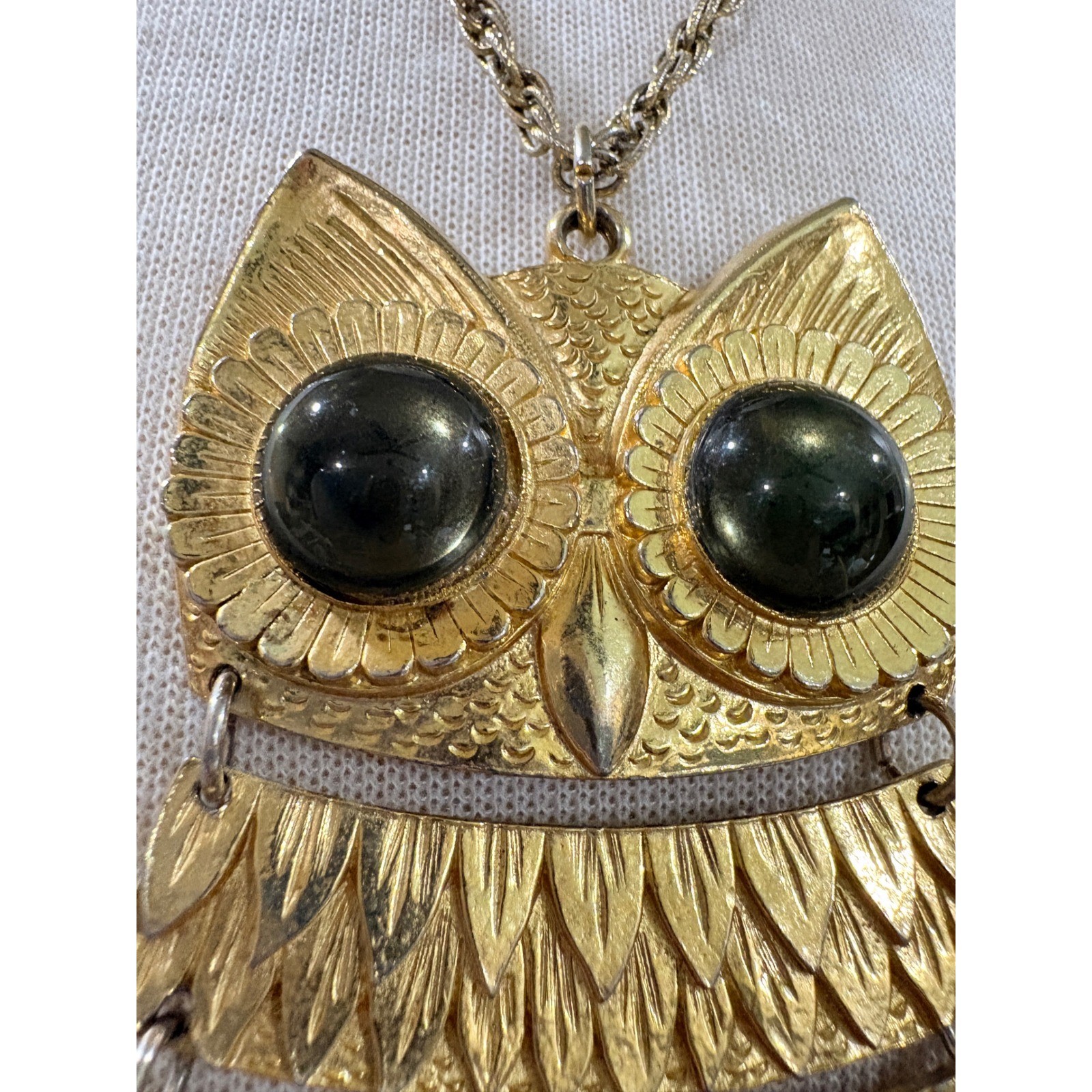 Vintage Articulated Owl Pendant Necklace Gold Tone Green Glass Eyes