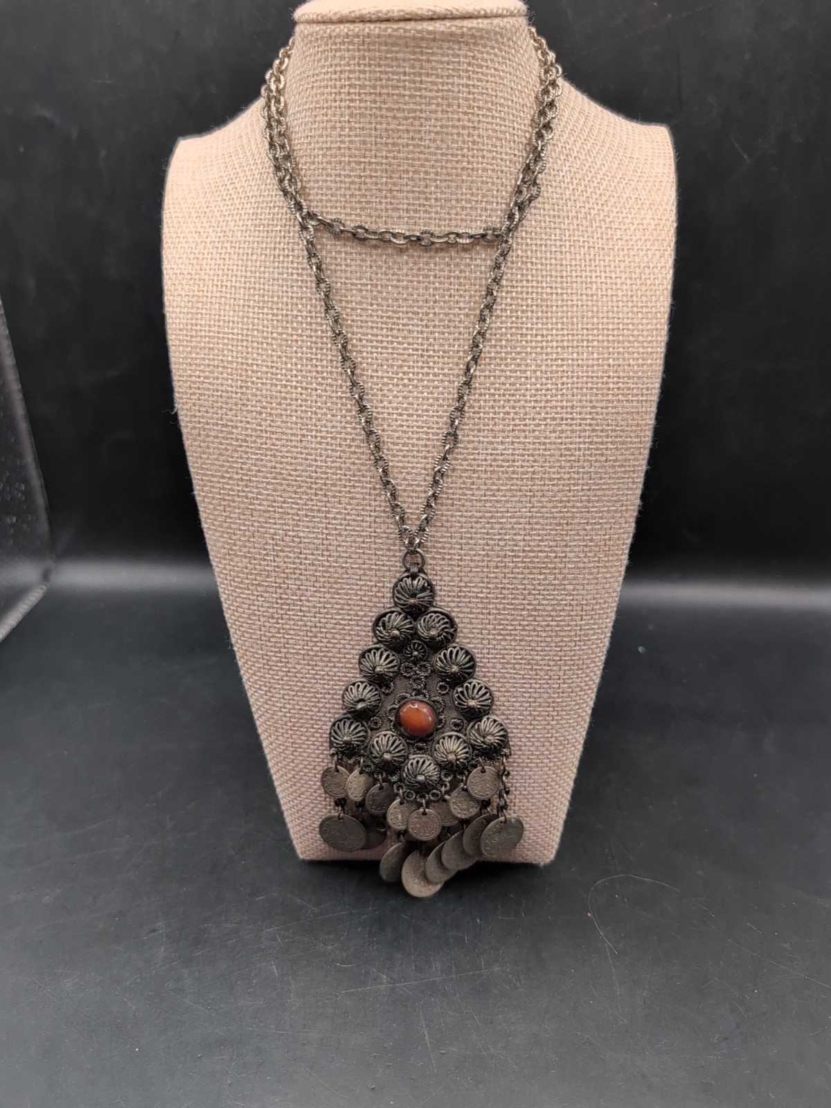 Vintage Tribal Coin Necklace With Glass Stone 24″ Chain