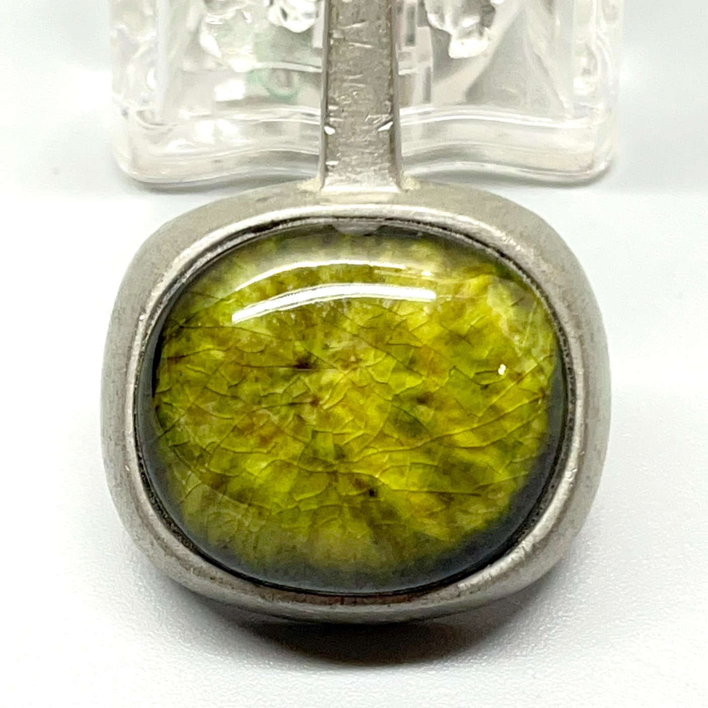 Signed Roland Landerholm Tenn Vintage Modernist MCM Pewter Green Ceramic Pendant