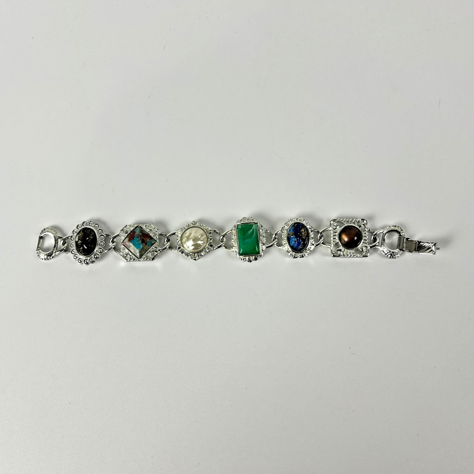 Sarah Coventry Multi Stone Bracelet Silver Tone Faux Pearl Cabochon Vintage