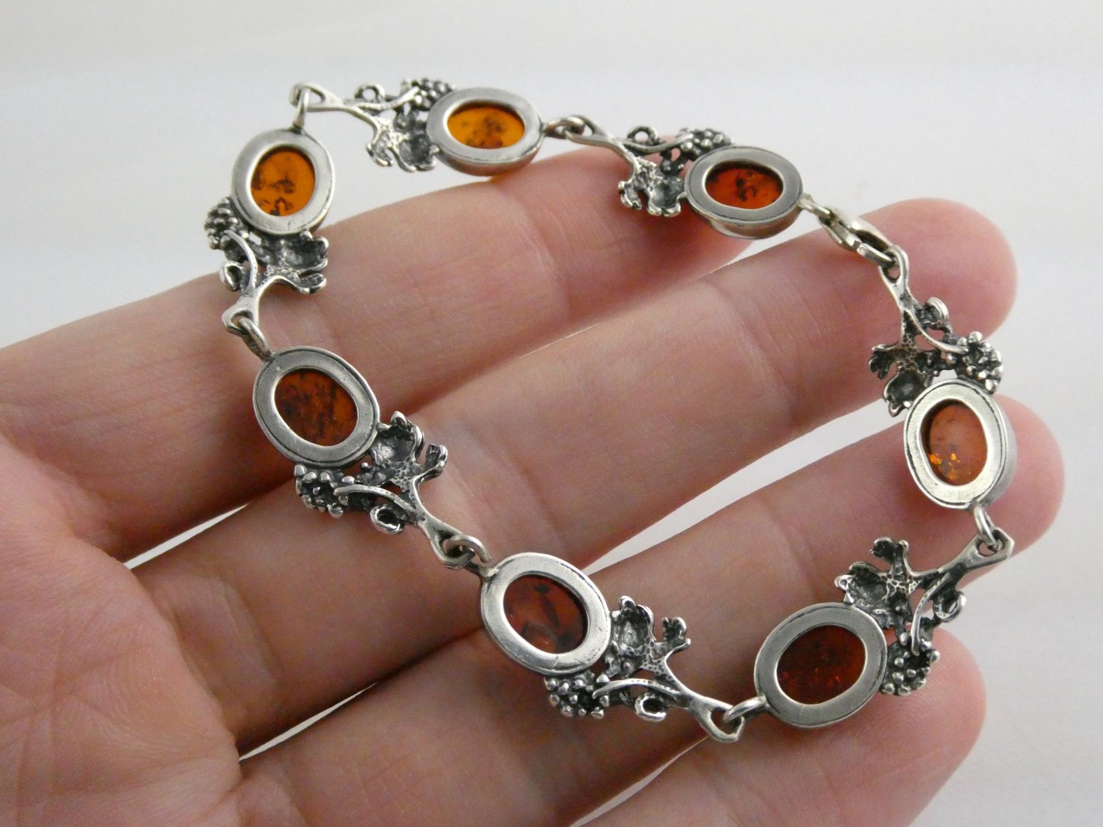Vintage Sterling Silver Amber Cabochon Grape Vine Link Bracelet 925 7.25In 10.6g
