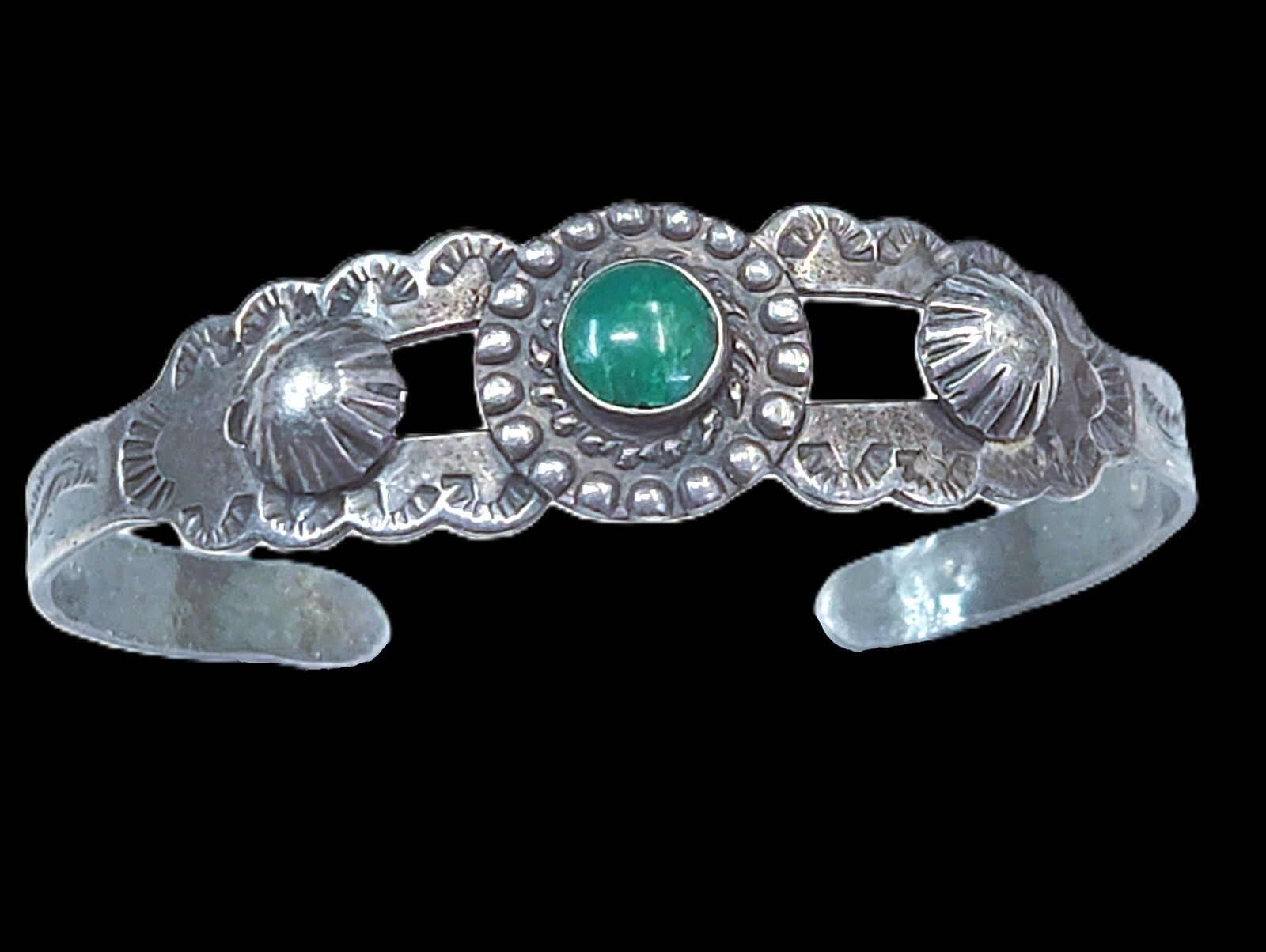 Vintage Fred Harvey Era Green Turquoise Small Sterling Silver Cuff Bracelet