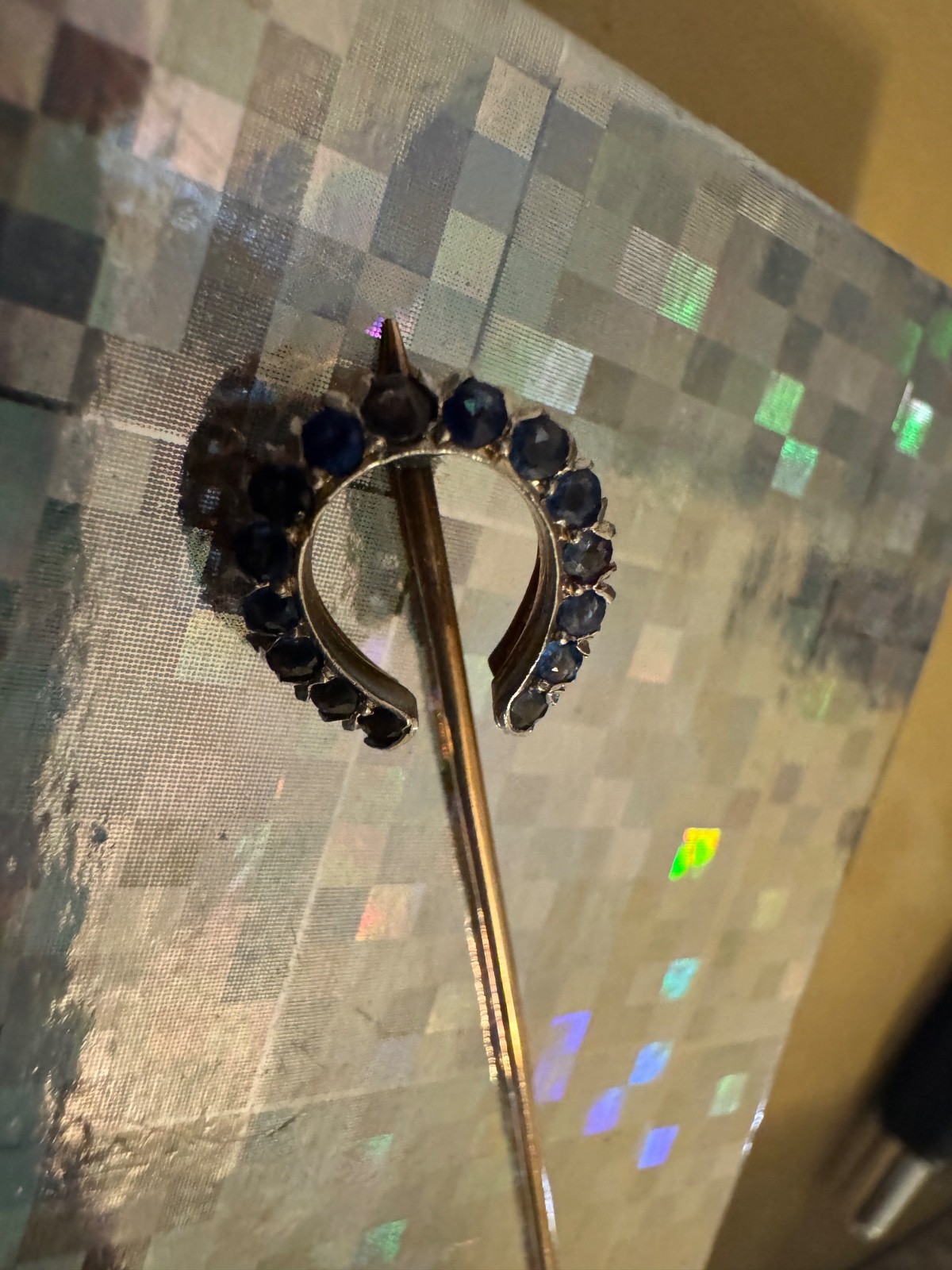 Antique 14K Y Gold Horseshoe Stick Pin w/ red garnet and blue glass 2.1 grams