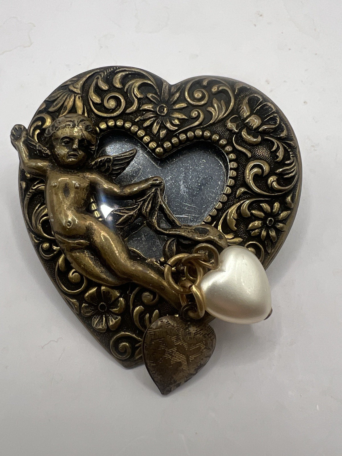 Vintage 2” Cherub Cupid Brooch Pin With 2 Heart Charms And Mirror Backing