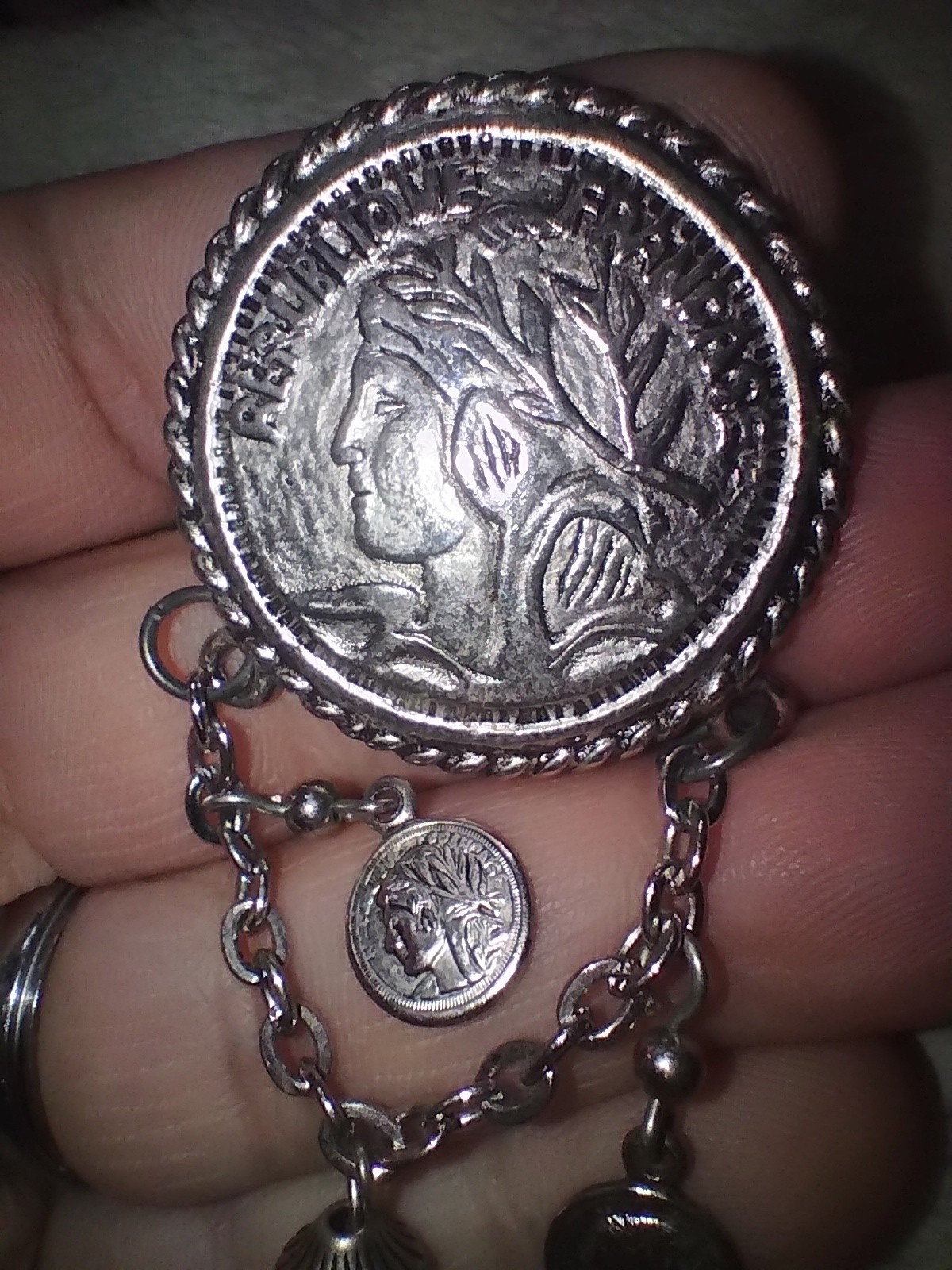 Vintage Simulated French Coins Dangle Brooch 3″