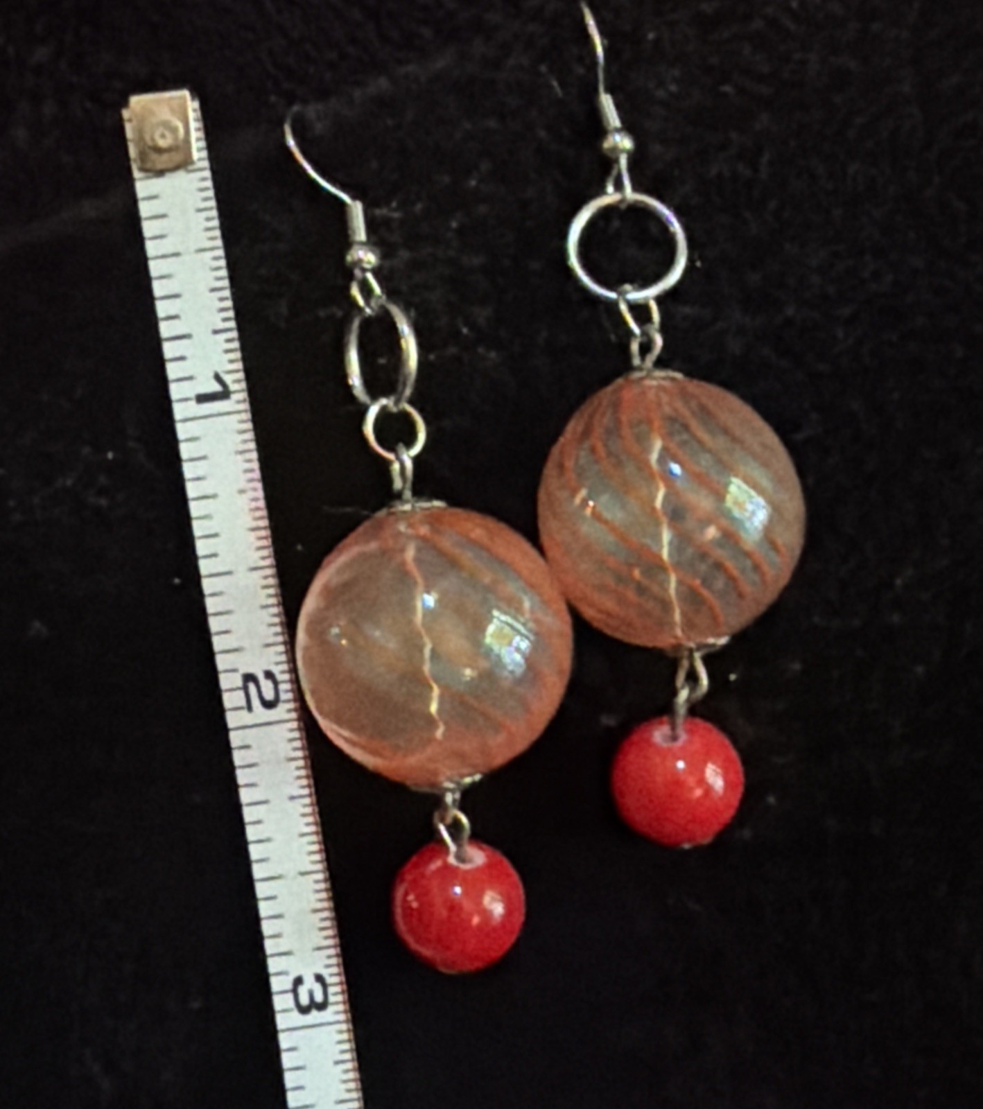 Vintage Orange Striped Blown Glass With Red Glass Drop Accent Earrings Pierced