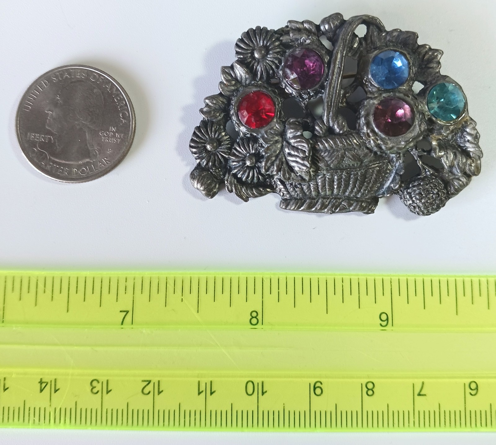 Vintage Dark Silver Flower Basket Brooch w Large Red, Purple, Blue Glass? Stones
