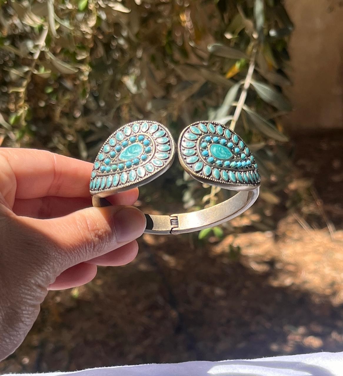 Vintage Antique Bronze Turquoise Faux Stone Statement Hinged Cuff Bracelet