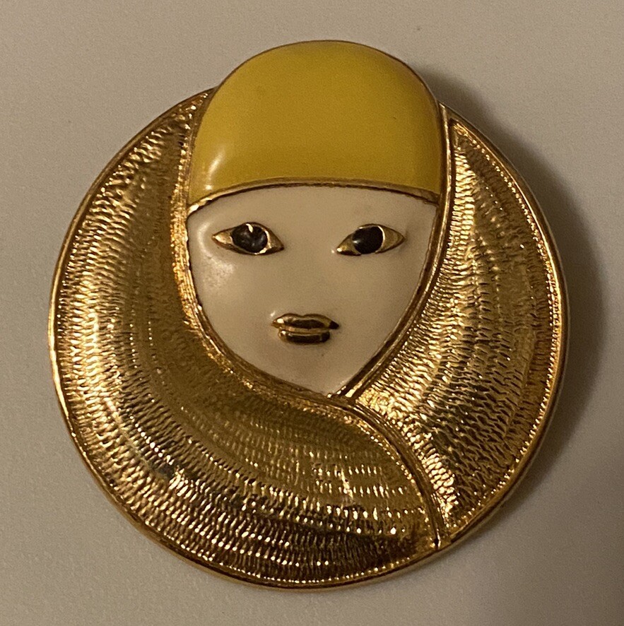 Vtg Signed Orena PARIS Retro Enameled Art Deco French Woman Gold Tone Brooch Pin
