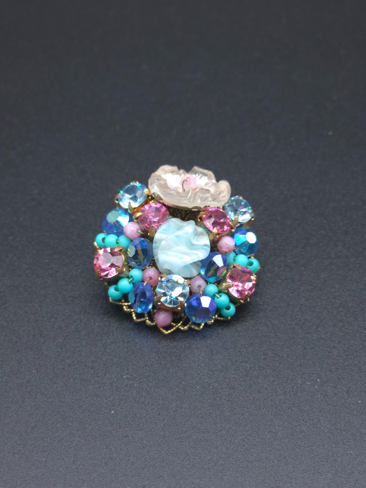Vintage Stanley Hagler Floral Cluster Clip On Earrings Hand Wired Glass