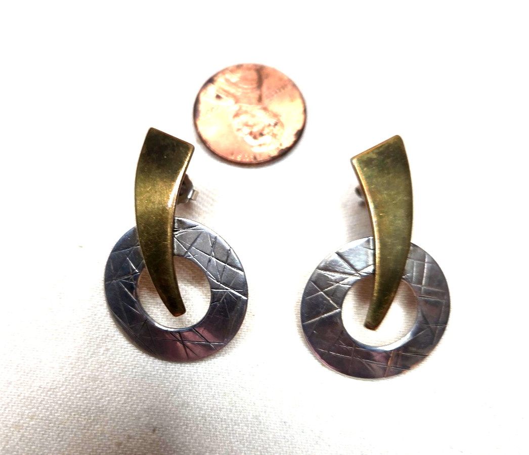 Modernist Sterling Silver Brass Vintage Nicely Detailed Earrings Two-Tone