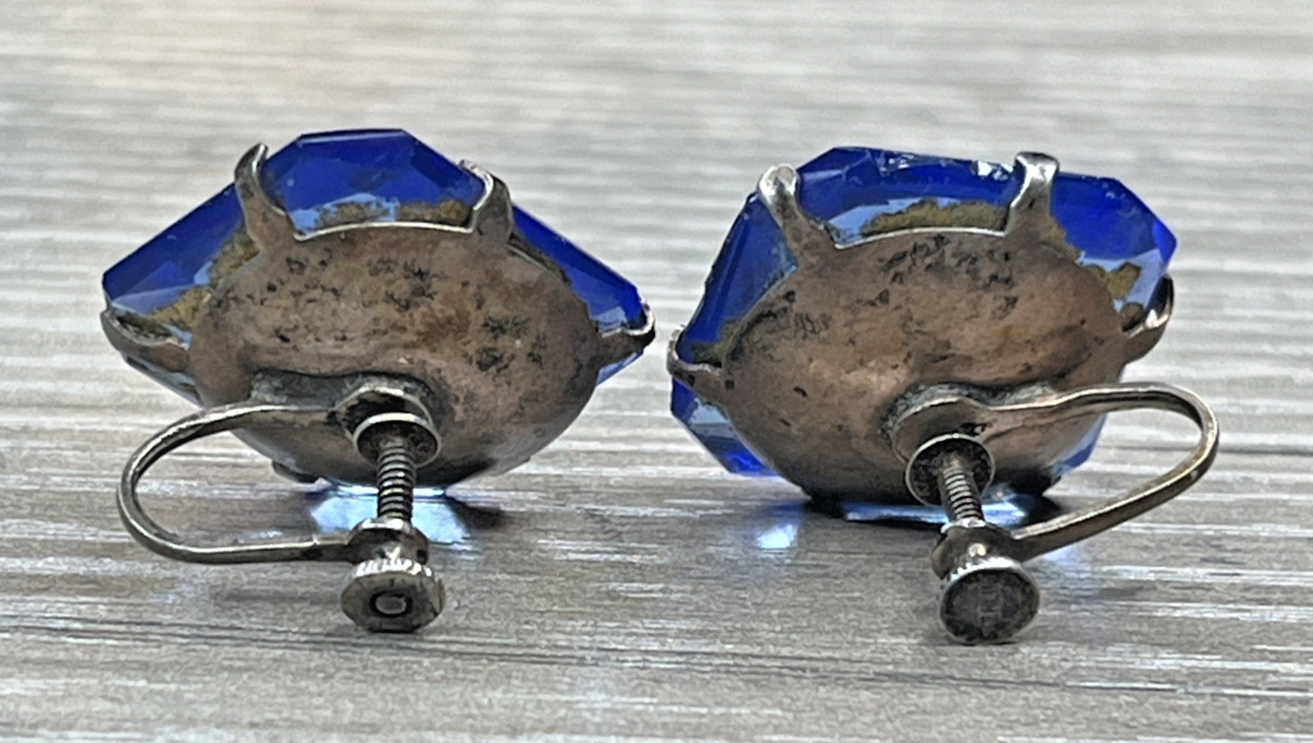 Sterling 925 Diamond Shaped Blue Rhinestone Cushion Cut Screwback Earrings VTG