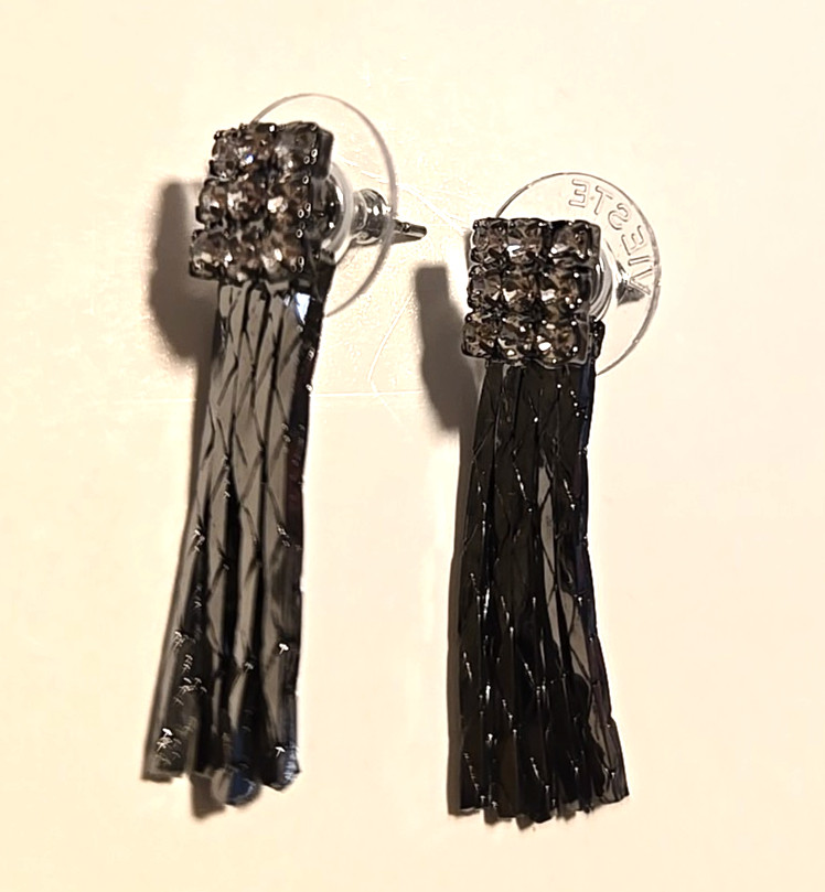 Vtg Black With Rhinstone Pierced Earrings ~ 1-1/4 in long