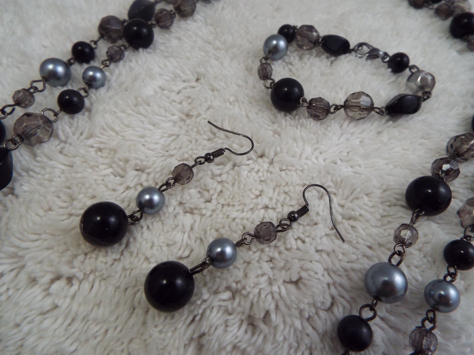 Black Gray Bead Double Gunmetal Chain Necklace + Bracelet + Earrings (F38)