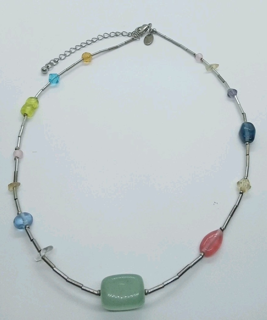 Lia Sophia Liquid Silver Tone Tube & Multicolor Glass Beaded Necklace 19″ #336