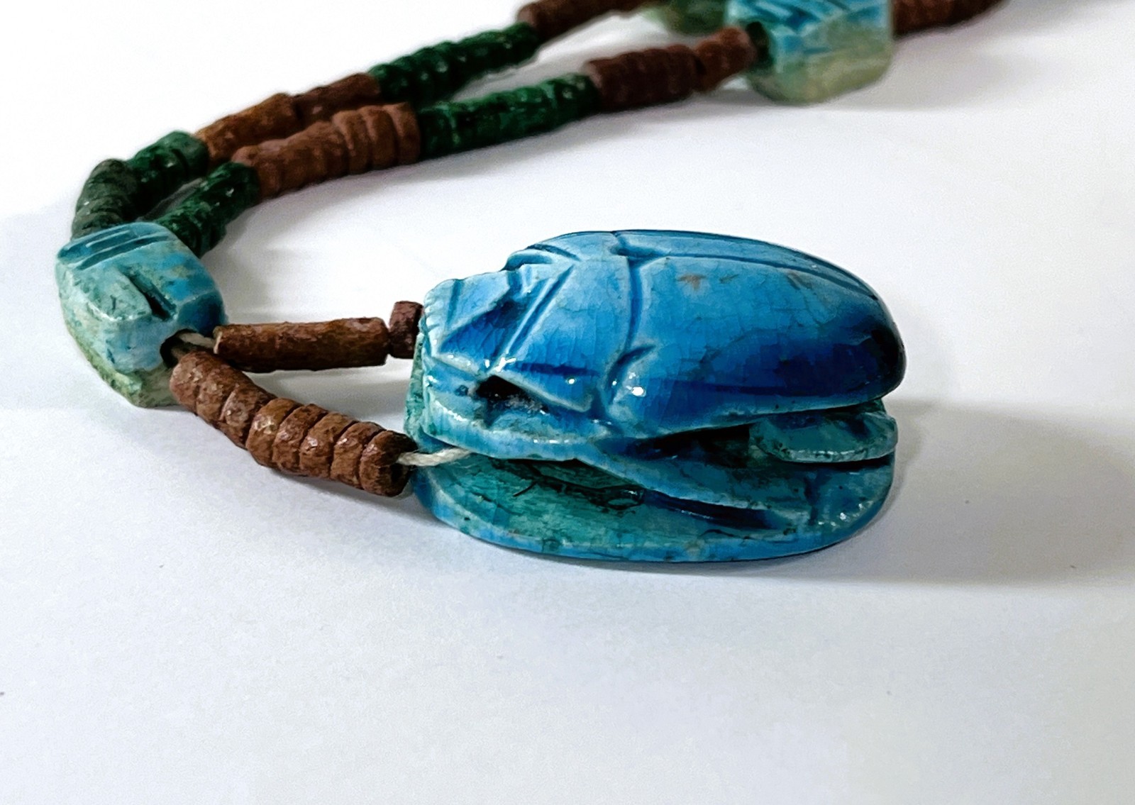 Vintage Egyptian Scarabs & Mummy Beads Necklace. 30″ Long
