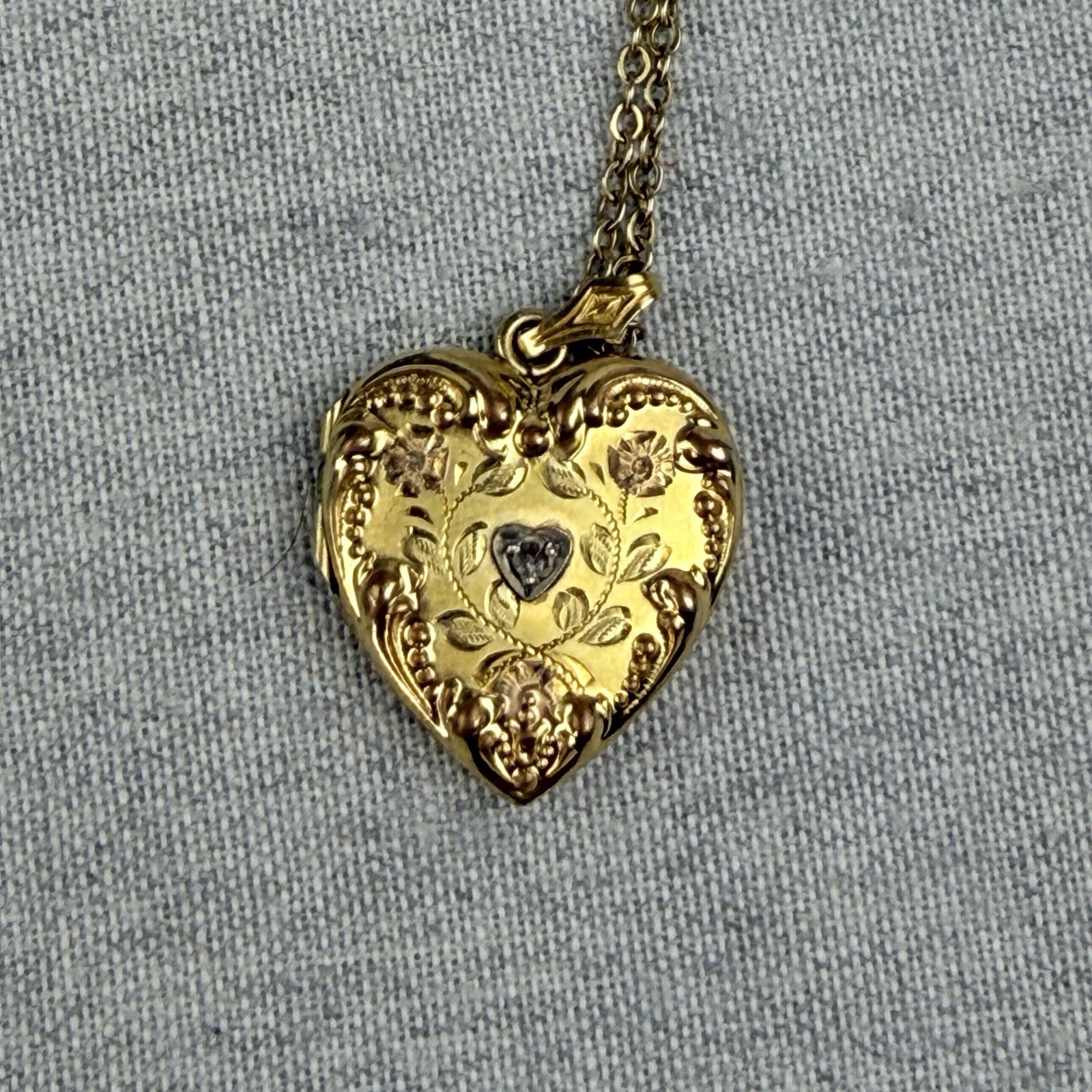 Antique Victorian Art Deco Gold Filled Diamond Heart Locket Pendant Necklace