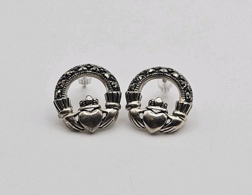 AC Irish Sterling Silver Vintage Marcasite Claddagh Post Back Earrings .5″